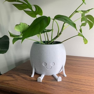 May include: A white ceramic planter shaped like a smiling person with legs and arms. The planter is filled with a green plant with large leaves.