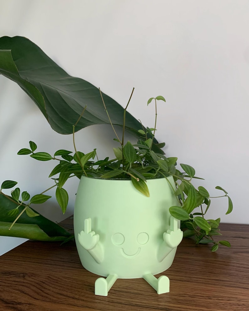 May include: A light green, barrel-shaped planter featuring a molded character with a smiling face, two legs extending forward, and two arms raised, each displaying a middle finger gesture, containing a green leafy plant.