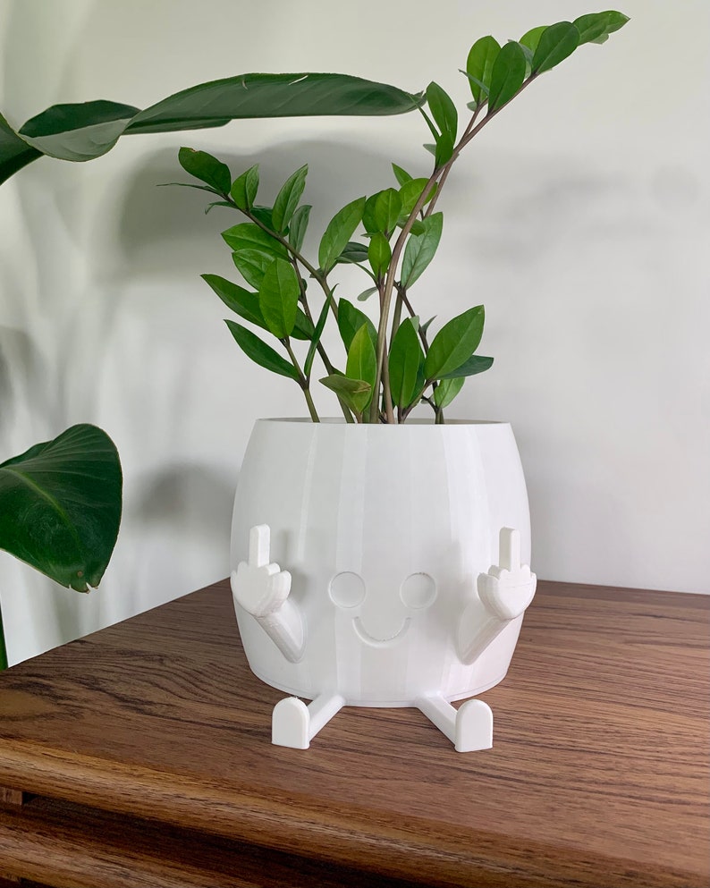 May include: A white 3D-printed planter featuring a stylized face with two circular eyes and a curved mouth. The planter has two arms raised with fingers extended in a middle finger gesture and two legs extending forward from the base.