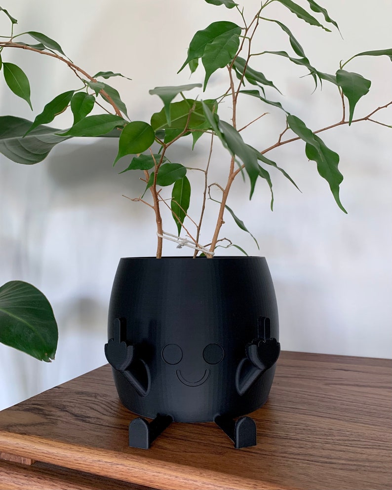 May include: A matte black 3D printed planter featuring a stylized character with a smiling face, two arms raised with middle fingers extended, and two legs extending forward, containing a small green leafy plant with thin brown stems.