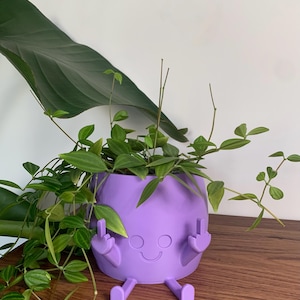 May include: A light purple planter with a smooth matte finish, featuring a molded face with a simple smile and two arms raised in a middle finger gesture, with two legs extending forward, containing a trailing green plant.