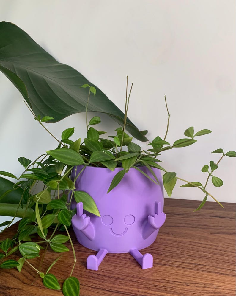 May include: A light purple planter with a smooth matte finish, featuring a molded face with a simple smile and two arms raised in a middle finger gesture, with two legs extending forward, containing a trailing green plant.