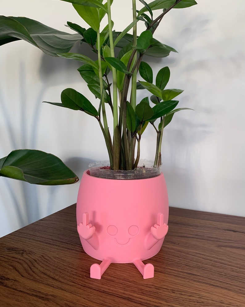 May include: A bright pink, barrel-shaped planter featuring a molded face with a simple smile and two arms raised, each displaying a middle finger gesture. The planter has two small legs extending from the base and holds a green ZZ plant.