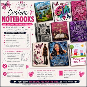 Könnte beinhalten: Eine Werbeanzeige für individuell gestaltbare Spiralnotizbücher mit verschiedenen Cover-Designs, darunter Minecraft, Gebetstagebücher und Charakter-Motive. Der Text enthält Paper Made Pretti Custom Notebooks, For Adults & Kids und Produktdetails.