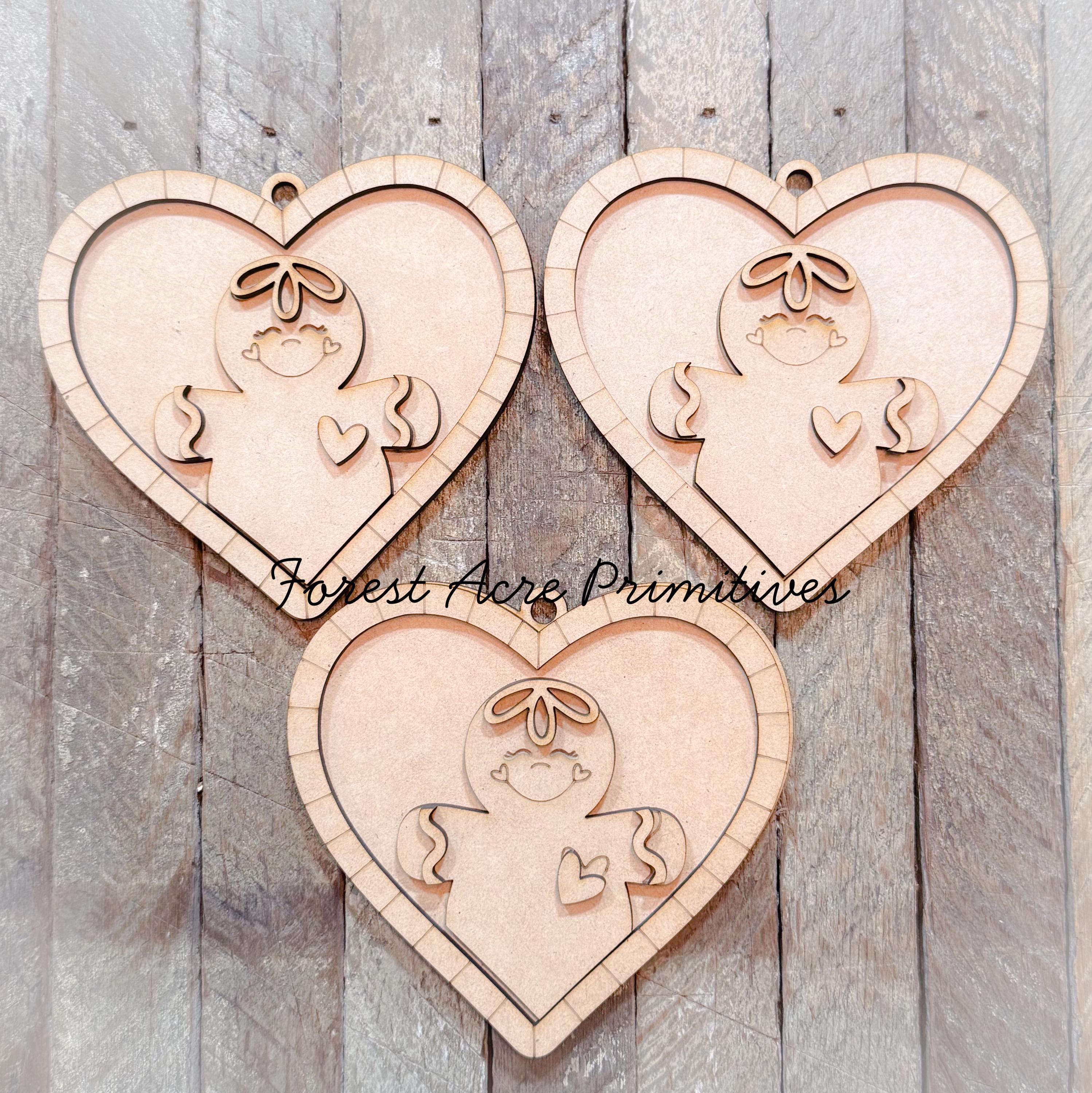 Gingerbread Heart Shaped Set of 3 DIY Ornaments
