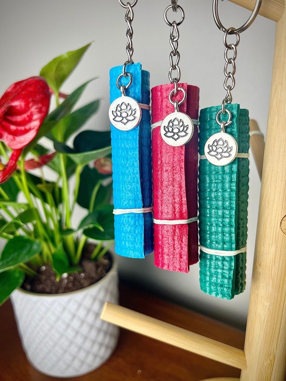 Set of 3 Handmade Yoga Mat Ornaments/ Keychains blue, Red, Green Yoga Gifts,  Gift Bundle 