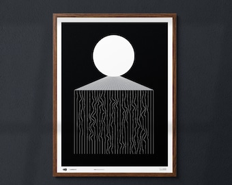 May include: A black and white minimalist geometric print with a white circle at the top and a series of lines extending down from the circle. The print is framed in a dark wood frame.