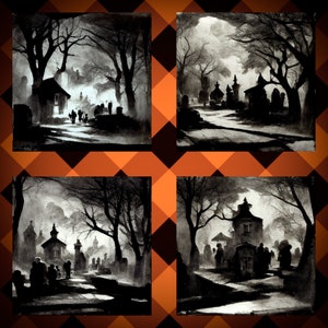 Halloween Cemetery Scene 4 Pack - 4K, Digital Prints, Dark Spooky Halloween Illustrations