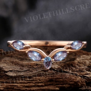 Alexandrite wedding band marquise cut alexandrite wedding ring curved wedding band stacking ring rose gold rings birthstone ring for women