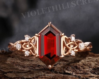 Vintage garnet engagement ring long hexagon cut ring art deco moissanite bridal ring unique Celtic Knot ring rose gold anniversary gift