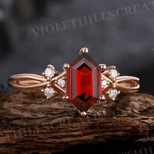 Vintage garnet wedding ring long hexagon ruby engagement ring moissanite promise bridal rings for women 14k gold anniversary garnet rings