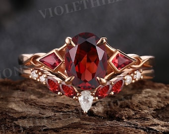Garnet engagement ring set oval cut garnet ring unique kite garnet promise ring marquise curved wedding band rose gold rings for women