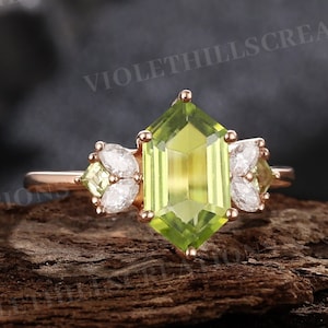 6x11mm long hexagon cut peridot engagement ring unique princess peridot ring cluster moissanite wedding ring rose gold rings for women