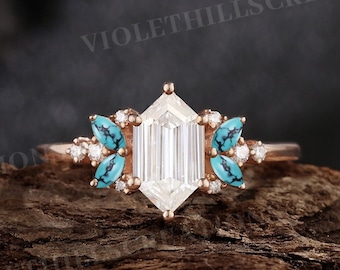 Hexagon Cut Moissanite Engagement Ring Turquoise Wedding Ring Rose Gold Rings For Women Moissanite Art Deco Promise Anniversary Ring