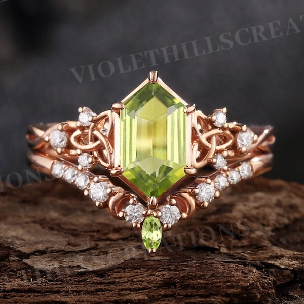 Hexagon Peridot Engagement Ring Set, Rose Gold Moissanite Wedding Band Set