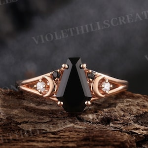 Coffin cut black onyx engagement ring vintage balck moon wedding rings for women art deco balck promise ring custom 14k gold Halloweens ring