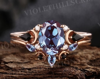 Oval alexandrite engagement ring set unique kite onyx moissanite rings for women pear alexandrite moon curved wedding band rose gold rings