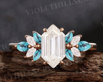 Long Hexagon Moissanite Engagement Ring Rose Gold Band Cluster Marquise Turquoise Wedding Ring Art Deco Promise Ring Anniversary gift