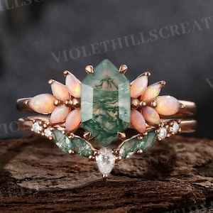 Conjunto de anillo de compromiso de ágata musgosa hexagonal, anillo de promesa con ópalo natural en racimo, alianza de boda de ágata musgosa para mujer, anillo de oro rosa, regalo de aniversario