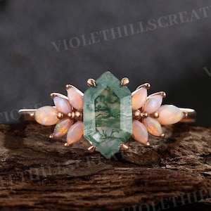 Vintage Long Hexagon Cut Moss Agate Ring Opal Rose Gold Band Natural Green Moss Agate Jewelry Art Deco Promise Ring Anniversary gift