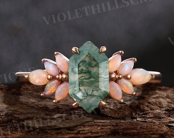 Vintage Long Hexagon Cut Moss Agate Ring Opal Rose Gold Band Natural Green Moss Agate Jewelry Art Deco Promise Ring Anniversary gift