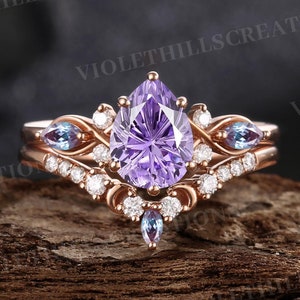 Firework Cut Purple Sapphire Engagement Ring Set Gold Pear Sapphire Ring Moissanite Alexandrite Cluster Wedding Ring Best Gifts For Her