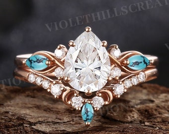 Birne Moissanite Verlobungsring Set Marquise Cut Türkis Cluster Ring Gebogen Moissanite Hochzeit Ring Versprechen Ringe für Sie