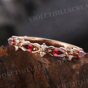 Unique garnet wedding band marquise garnet gemstone ring rose gold moissanite stacking ring anniversary rings for women birthday gifts