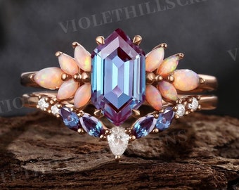 Long Hexagon Alexandrite Engagement Ring Set Cluster Natural Opal Ring Promise Ring Alexandrite Wedding Band Rose Gold Wedding Ring Set
