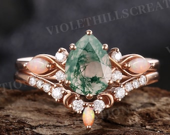 Pear Moss Agate Engagement Ring Set Vintage Marquise Cut Australian Opal Ring Unique Curved Moissanite Wedding Ring Anniversary Ring For Her