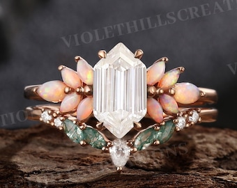Hexagon Moissanite Verlobungsring Set Natürliche Opal Cluster Ring Versprechen Ring Moosachat Hochzeitsband Roségold Ring Jubiläumsgeschenk