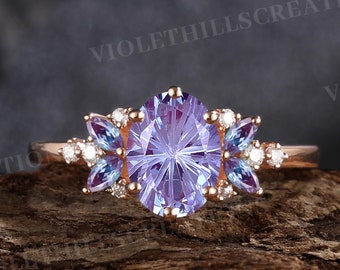 Fireworks Cut Alexandrite Engagement Ring Moissanite Alexandrite Ring Rose Gold Rings For Women Oval Alexandrite Wedding Ring Gift For Her