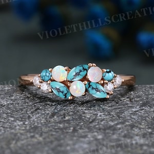 Turquoise Wedding Band Women Vintage Moissanite Half Eternity Rose Gold Marquise Cut Wedding Band Opal Wedding Ring Custom Anniversary Ring
