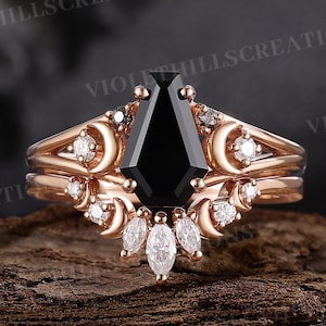 Coffin cut balck onyx engagement ring set unique moon quartz rings for women moissanite curved wedding band rose gold promise ring set