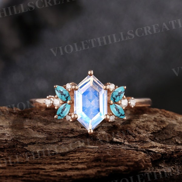 Hexagon Cut Moonstone Engagement Ring Turquoise Wedding Ring Rose Gold Rings For Women Moissanite Art Deco Promise Ring June Birthstone