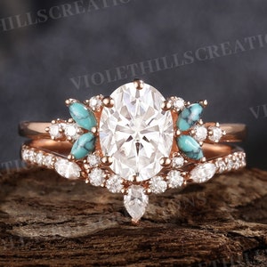 Oval Cut Moissanite Verlobungsring Set Marquise Cut Türkis Cluster Ring Rosegold Moissanite Wedding Ring Set Jubiläumsgeschenk für sie