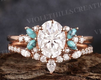 Oval Cut Moissanite Verlobungsring Set Marquise Cut Türkis Cluster Ring Rosegold Moissanite Wedding Ring Set Jubiläumsgeschenk für sie