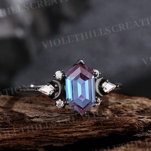 Elongated Hexagon alexandrite engagement ring moon moissanite ring wedding ring black gold promise rings for women Personalized Jewelry