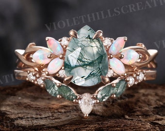 Pear Moss Agate Engagement Ring Set Marquise Cut Australian Opal Ring Twig Band Unique Curved Moss Agate Wedding Ring Set Promise Gift