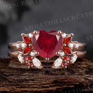 Förlovningsring med fyrverkeripurp i rubin, unik hjärtformad rubinring, roséguld, granatkluster, vigselringar för kvinnor, brudtärningsset