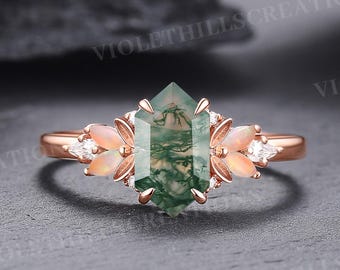 Anello di fidanzamento unico con agata muschiata esagonale allungata, oro rosa e opale naturale a grappolo, anello nuziale personalizzato per anniversario, regalo per donna