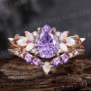Firework Cut Purple Sapphire Engagement Ring Set Marquise Cut Natural Opal Cluster Ring Twig Band Rose Gold Amethyst Wedding Ring Set