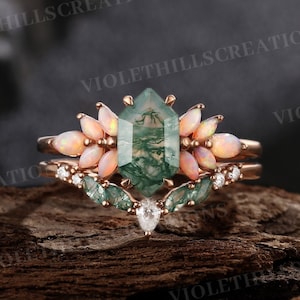 Hexagon Moss Agate Engagement Ring Set Cluster Natural Opal Ring Promise Ring Moss Agate Wedding Band Women Rose Gold Ring Anniversary Gift