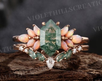 Hexagon Moss Agate Engagement Ring Set, Gold Cluster Opal Ring Promise Wedding Band for Women