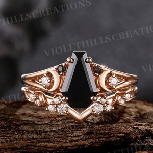 Coffin cut balck onyx engagement ring set unique moon cluster rings for women moissanite curved wedding band rose gold promise ring set