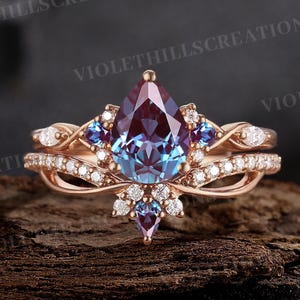 Pear Cut Alexandrite Engagement Ring Set Vintage Marquise Cut Moissanite Alexandrite Ring Curved Wedding Ring Promise Rings Set For Her