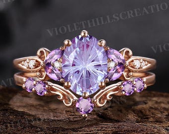 Fireworks Cut Alexandrite Engagement Ring Set Purple Amethyst Ring Rose Gold Oval Alexandrite Ring Promise Rings For Women Anniversary Gift