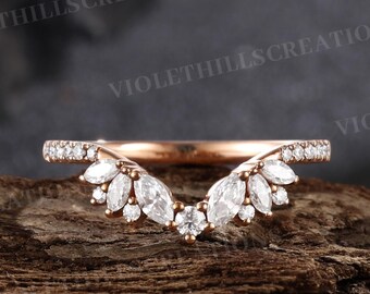 Marquise Moissanite Wedding Band, Rose Gold Half Eternity Stacking Ring