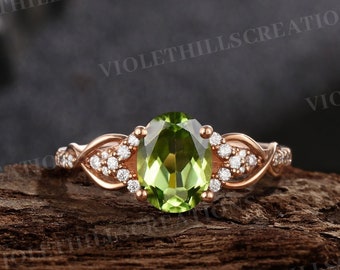 Vintage peridot engagement ring oval cut wedding ring art deco moissanite promise bridal rings for women rose gold anniversary ring