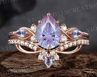 Fireworks Cut Alexandrite Engagement Ring Set Vintage Marquise Cut Alexandrite Ring Unique Curved Wedding Ring Promise Ring Set For Her